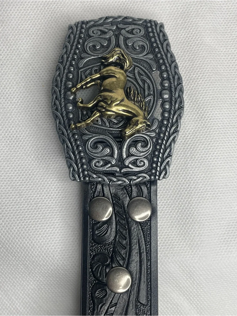 Vintage Western Tooled Big Buckle Belt Size 34 Black Etched Leather Silver Gold